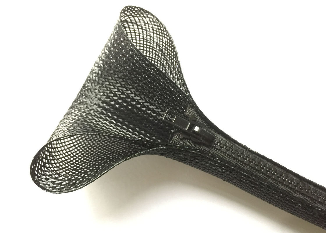 Black Color Zipper Cable Sleeve Braided Wrap High Abrasion Resistance