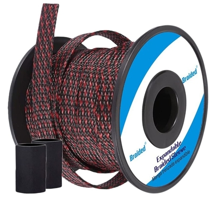 Black And Red PET Expandable Braided Sleeving Abrasion Resistant Cable Management